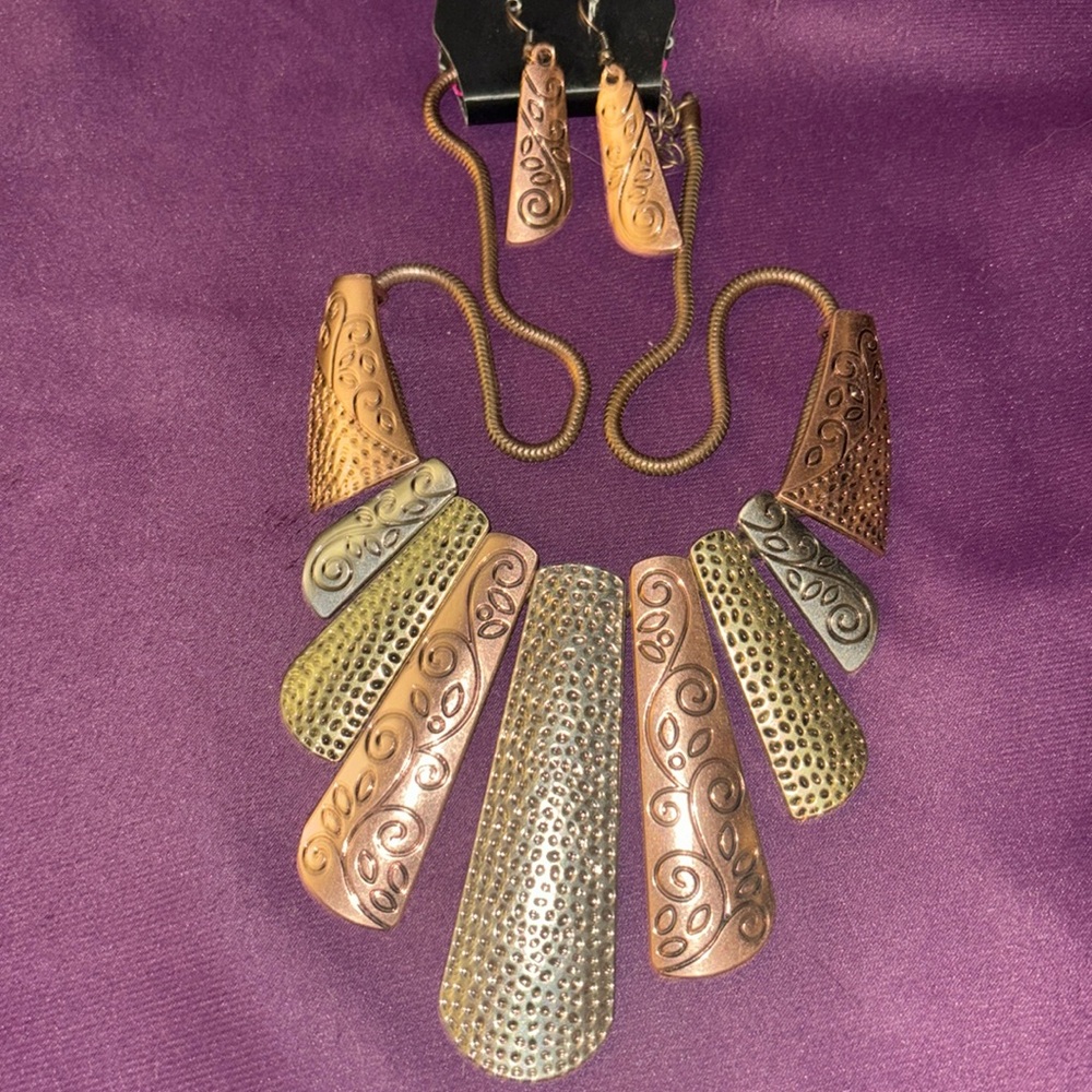 Paparazzi, gold and silver necklace with gold chain and gold matching earrings